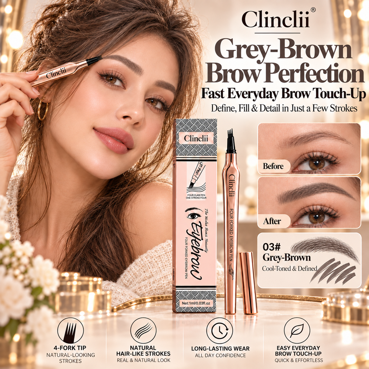 ✏️ BUY 1 GET 1 FREE! ✨ 3D Microblading Eyebrow Pencil – 4-Prong Tip, Waterproof & Natural Hair-Like Strokes 🖌️