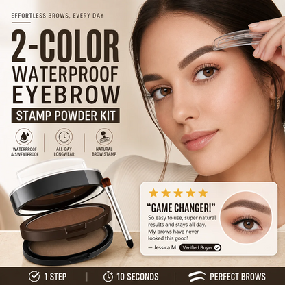 🖌️2-Color Waterproof Eyebrow Stamp Powder Kit, Smudge-Proof Quick Natural Full Brow Makeup with Dual-End Brush