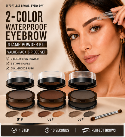 🖌️2-Color Waterproof Eyebrow Stamp Powder Kit, Smudge-Proof Quick Natural Full Brow Makeup with Dual-End Brush