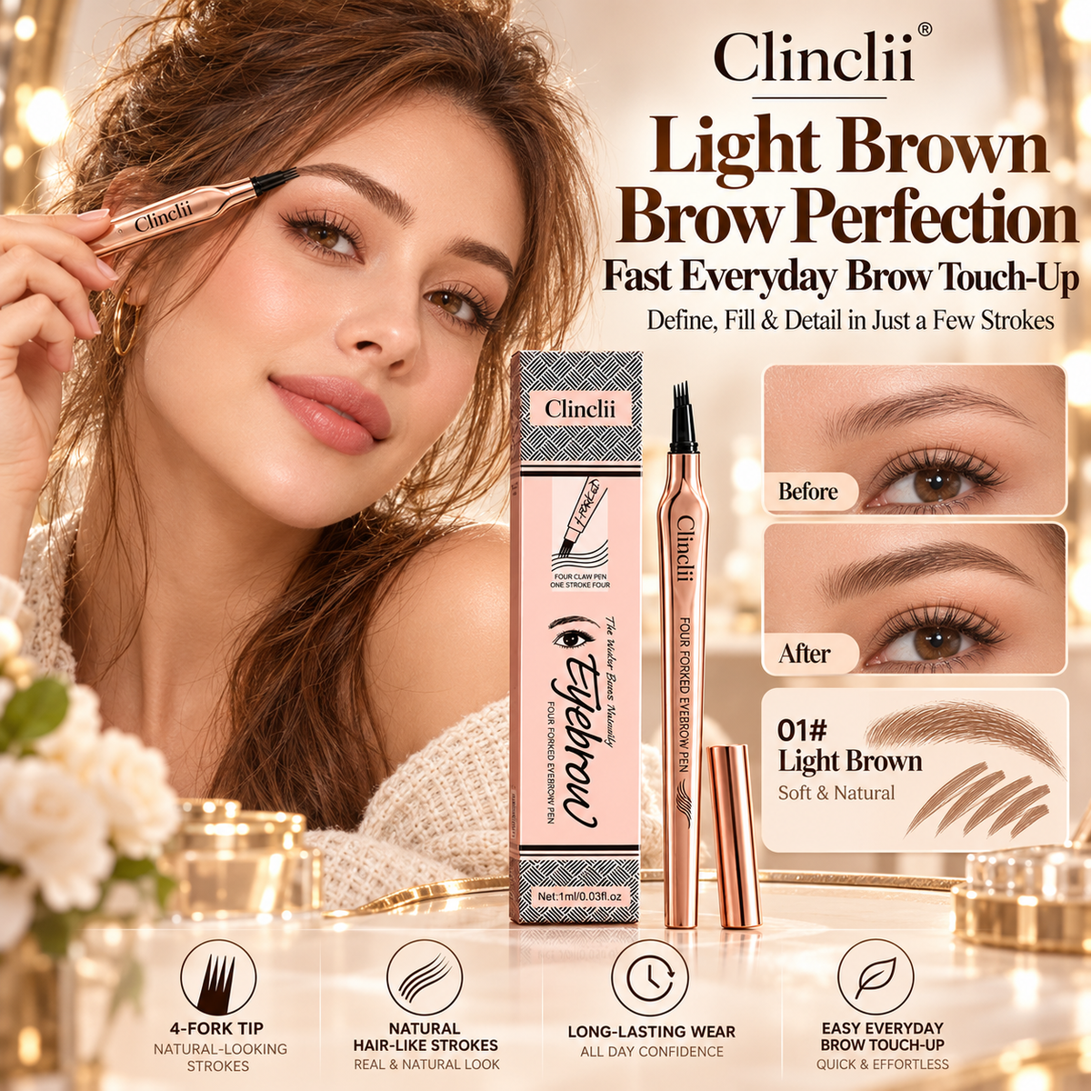 ✏️ BUY 1 GET 1 FREE! ✨ 3D Microblading Eyebrow Pencil – 4-Prong Tip, Waterproof & Natural Hair-Like Strokes 🖌️