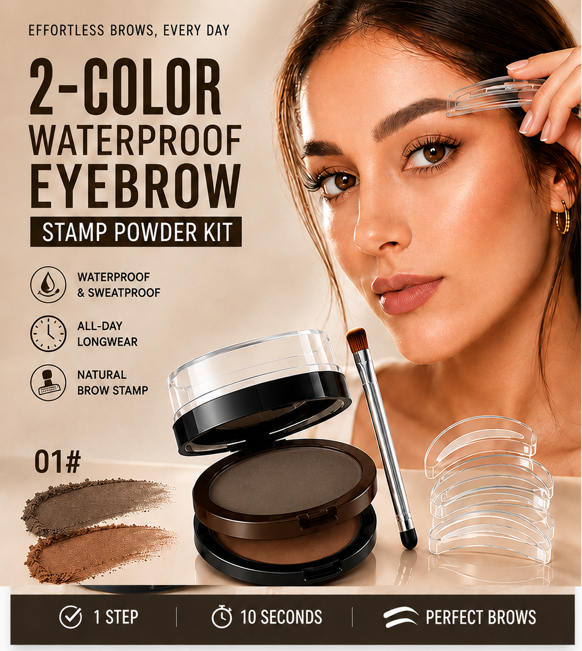 🖌️2-Color Waterproof Eyebrow Stamp Powder Kit, Smudge-Proof Quick Natural Full Brow Makeup with Dual-End Brush
